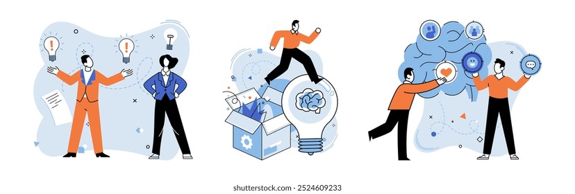 Ilustración vectorial del proceso de pensamiento. Las sesiones de lluvia de ideas iluminan el camino hacia soluciones creativas Las soluciones evolucionan a través del análisis inteligente de procesos El aprendizaje mejora la inteligencia aplicada