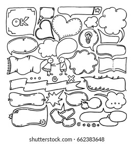Thought & speech bubbles. Free hand drawing, sketch. Set of hand drawn objects.