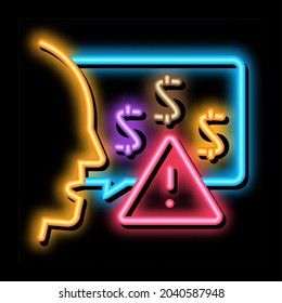 hombre de la historia del pensamiento sobre las advertencias monetarias sobre el vector del signo de luz neón. Icono brillante que relata la historia del hombre sobre el signo de las advertencias monetarias. ilustración de símbolo transparente