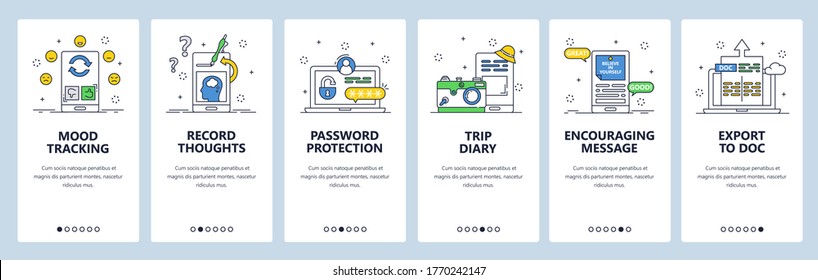 Pensar en el seguimiento de sitios web y aplicaciones móviles en pantallas de internado. Plantilla vectorial de banner de menú para el desarrollo de sitios web y aplicaciones. Seguimiento de la forma, grabación de pensamiento, diario de viaje, protección de contraseña, etc.