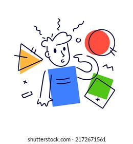Thoughtful abstract character solves problem. Thoughts and geometric form. Man points with finger.