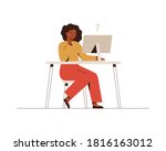 Thoughtful African businesswoman works at the computer and thinks or solves the problem. Black woman goes over online survey or questionnaire on the internet. Vector illustration isolated on white.