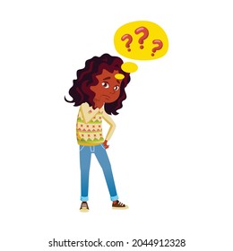 thoughtful african girl asking question cartoon vector. thoughtful african girl asking question character. isolated flat cartoon illustration