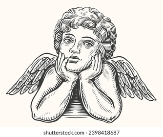 Thoughtful angel. Cute baby with wings. Hand drawn vintage vector illustration