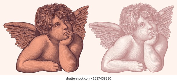 Thoughtful angel. Design set. Hand drawn engraving. Editable vector vintage illustration. Isolated on light background. 8 EPS 