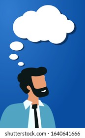 Thoughtful bearded business man with a speech bubble on a blue background. Man is looking for inspiration