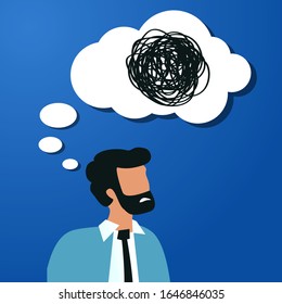 Thoughtful bearded business man with speech bubble and  tangled line inside on blue background. concept of chaotic thought process, confusion, personality disorder and depression.