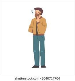 Thoughtful Bearded Man Character and Question Mark Thinking Over the Matter Vector Illustration