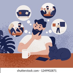 Thoughtful bearded man sitting at table and thinking of leisure or recreational activities to choose. Cute pensive guy and his pastime choice. Colorful vector illustration in flat cartoon style.