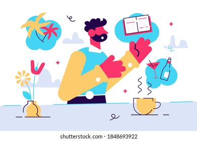 Thoughtful bearded man sitting at table and thinking of leisure or recreational activities to choose. Cute pensive guy and his pastime choice. Colorful vector illustration in flat cartoon style.