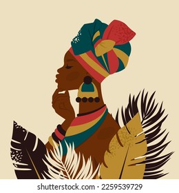 Thoughtful beautiful African woman. Pensive face of black woman in profile. Female ethnicity character in national dress, turban. Portrait of girl for avatar, card, fashion. Vector flat Illustration