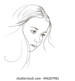 Thoughtful beautiful face of young girl, Vector sketch, Hand drawn illustration