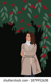 The thoughtful and beautiful girl is sitting under the tree. Vector illustration
