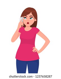 Thoughtful and beautiful young woman talking on smart phone while holding hand on hip, looking up and thinking. Modern lifestyle and communication concept illustration in vector cartoon flat style.