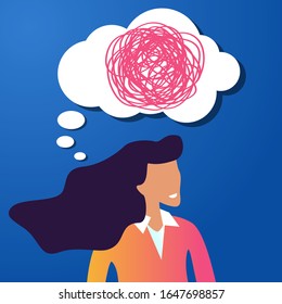 Thoughtful Beauty Girl With Speech Bubble And Tangled Line Inside On Blue Background. Concept Of Chaotic Thought Process, Confusion, Personality Disorder And Depression.