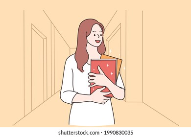 Thoughtful before lesson emotions concept. Red haired professional English teacher woman cartoon character feeling thoughtful and smiling before lesson vector illustration 