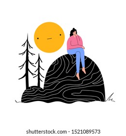 Thoughtful black hair woman sitting at huge rock with doodle ornament. Cute yellow sun with face and pine trees. Colorful outdoor vector illustration in flat cartoon style