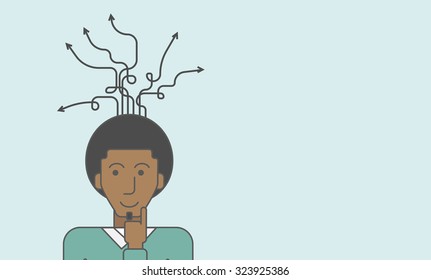 Thoughtful black man and arrows coming out of his head. Successful business concept. Vector line design illustration. Horizontal layout with a text space.