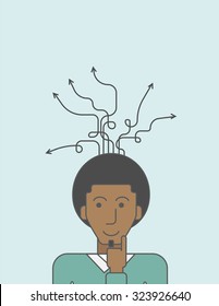 Thoughtful black man and arrows coming out of his head. Successful business concept. Vector line design illustration. Vertical layout with a text space.
