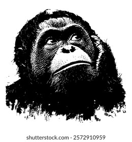 thoughtful black and white vector portrait of a chimpanzee, rendered with intricate shading and textures to highlight its expressive features and contemplative pose