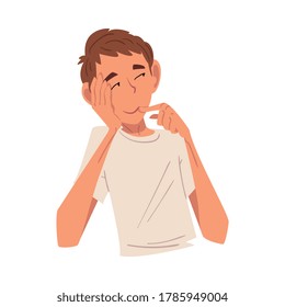 Thoughtful Boy with Forefinger on Chin, Smiling Relaxed Teenager Dreaming about Something Vector Illustration