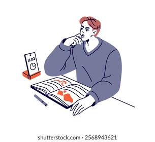 Thoughtful boy studies, does homework with book. Student thinking, learning notes in textbook. Pondering teenager prepared to exam, tests. Flat isolated contour vector illustration on white background