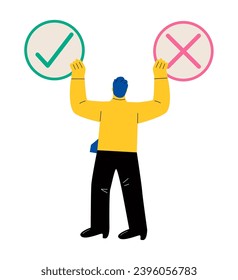 Thoughtful business man is making a decision. Business decision right or wrong. Flat vector illustration isolated on white background
