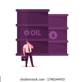 Thoughtful Businessman with Briefcase Wear Formal Suit Stand at Huge Metal Barrel with Oil Isolated on White Background. Business Man Character Thinking of Purchasing Oil. Cartoon Vector Illustration