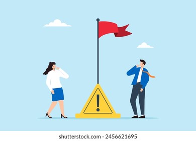 Thoughtful businessman and businesswoman look at red flag warning, illustrating careful in business or economic disaster. Concept of advice, notice, or alert for potential threats or risks