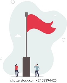 thoughtful businessman and businesswoman look at red flag.flat vector illustration.