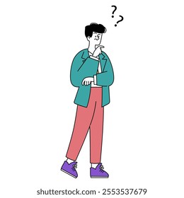Thoughtful businessman concept. A male figure ponders a problem, questions floating above his head. Decision-making and problem-solving. Vector illustration.