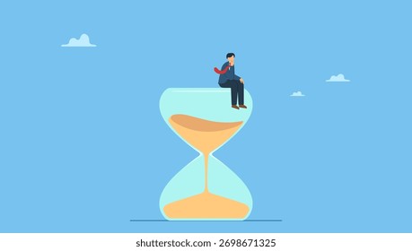 Pensativo homem de negócios mão em seu queixo sentado em vidro de areia pensar sabiamente. Pensador homem de negócios pensando sobre solução de negócios, criatividade para resolver problemas ou tomada de decisão.