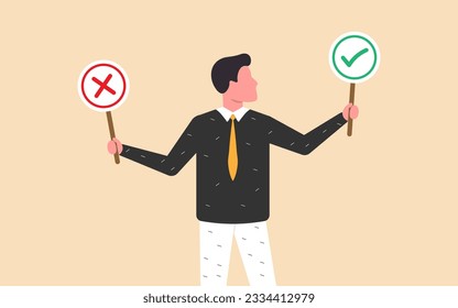 Un empresario reflexivo tiene opciones correctas o incorrectas, lo que ilustra la toma de decisiones morales. Ilustración de stock disponible.