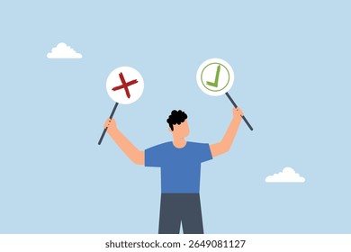 thoughtful businessman holds right or wrong left and right hand when making decision.