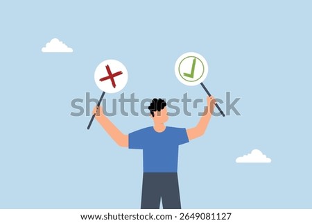 thoughtful businessman holds right or wrong left and right hand when making decision.