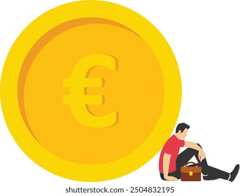 Thoughtful businessman investor thinking about where to invest on euro coin money. Thinking about money decision, financial planning or investment strategy, profit and loss, expense or tax concept.

