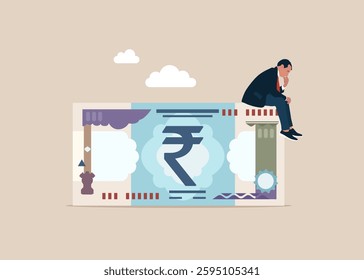 Thoughtful businessman investor thinking about where to invest on rupee money. Thinking about money decision, financial planning or investment strategy, profit and loss, expense or tax concept.