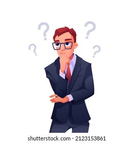 Thoughtful businessman posing question and finding best solution. Vector brainstorming man wearing suit and glasses. CEO or boss, leader or corporate thinking on startup idea for improvement at work