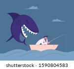 Thoughtful Businessman Sitting in Boat with Fishing Rod Catching Fish in Ocean, Huge Shark Sneak Up to him from Back Prepare to Attack. Unexpected Difficulties, Crisis. Flat Vector Illustration