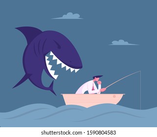 Thoughtful Businessman Sitting In Boat With Fishing Rod Catching Fish In Ocean, Huge Shark Sneak Up To Him From Back Prepare To Attack. Unexpected Difficulties, Crisis. Flat Vector Illustration