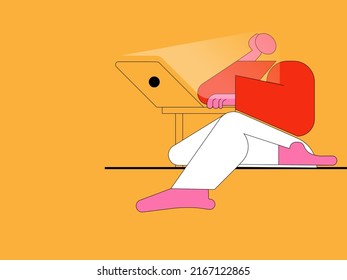 Thoughtful businessman sitting with laptop, leader thinking of future corporate successful plan ideas, isolated on yellow studio background with copy space for advertisement. Work at home concept