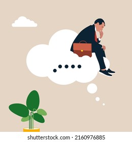 Thoughtful businessman sitting like thinker on thinking bubble. Think of solution, critical thinking to solve problem, focus on new idea, concentration or philosophy, skeptical or rational concept.