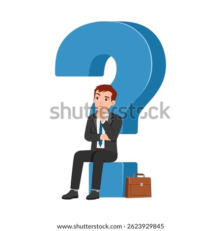 Thoughtful Businessman Sitting on Question Mark with Hand on Chin, Looking Confused in Illustration