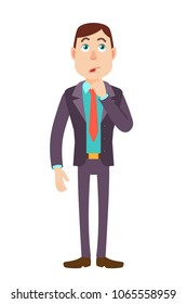 Thoughtful Businessman standing with his finger to his lips. Full length portrait of Cartoon Businessman Character. Vector illustration in a flat style.
