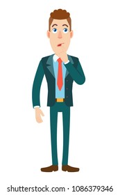 Thoughtful Businessman standing with his finger to his lips. Full length portrait of Cartoon Businessman Character. Vector illustration in a flat style.