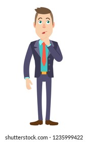 Thoughtful Businessman standing with his finger to his lips. Full length portrait of Cartoon Businessman Character. Vector illustration in a flat style.