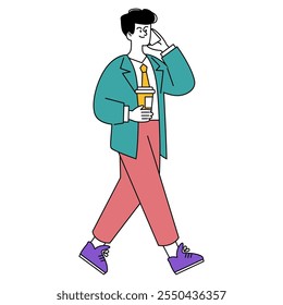 Um homem de negócios bem pensado andando com café na mão. Planejamento estratégico e gerenciamento de tempo no estilo de vida corporativo. Profissional ocupado em movimento. Ilustração vetorial.