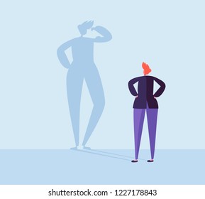 Thoughtful Businessman with Winner Shadow. Male Character with Silhouette of Strong Man. Leadership, Achievement, Motivation Concept. Vector illustration