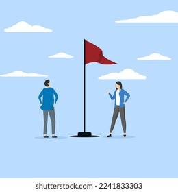 Thoughtful businessman and woman looking for red flag warning, advice, notice or warning, concern or warning for threat concept, Warning red flag to be alert for business or economic disaster.
