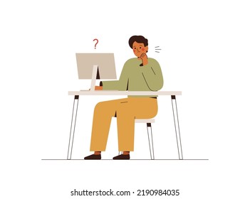 Thoughtful businessman works at the computer and thinks or solves the problem. Young Man goes over online survey or questionnaire on internet. Concept of creating ideas and  finding solutions. Vector